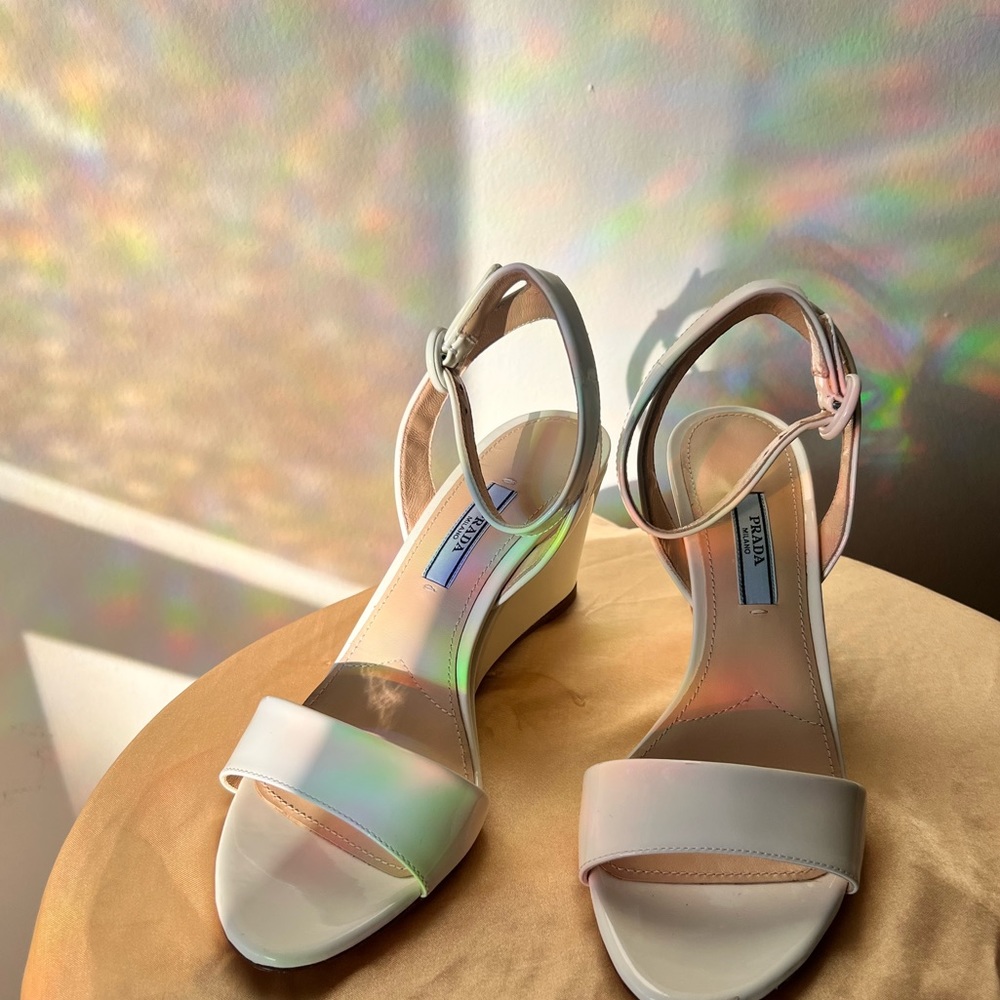Prada white patent leather wedge sandals - 36.5